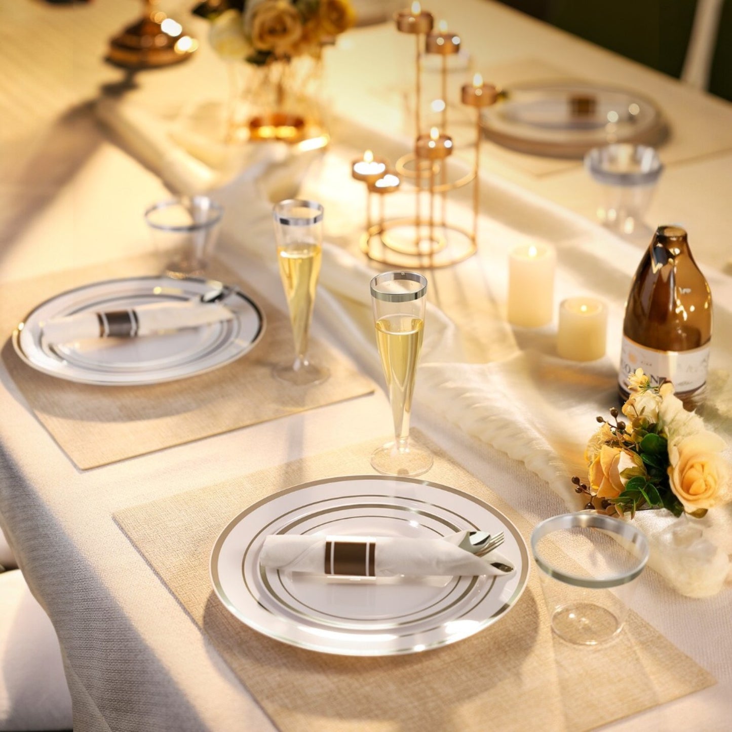 Goodluck Disposable Silver Plastic Dinnerware Set for Christmas, Wedding, Includes Dinner Plates, Dessert Plates, Napkins with Silverware, Cups, Champagne Glasses