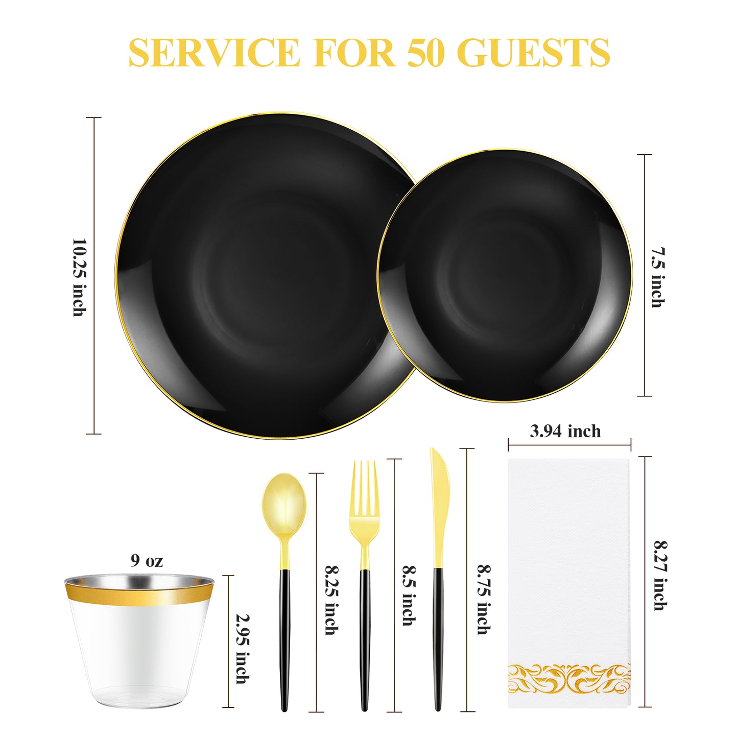 Goodluck 350 Pieces Disposable Black with Gold Rim Plastic Dinnerware Set