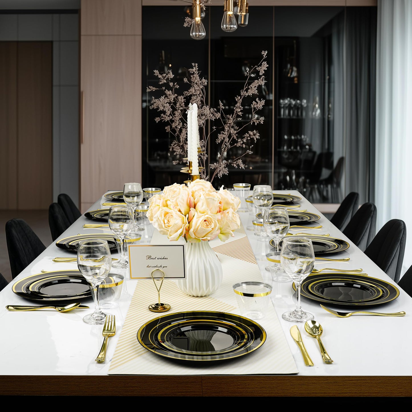 Goodluck 600PCS Disposable Plates Black with Gold Dinnerware Set for Halloween Party and Christmas