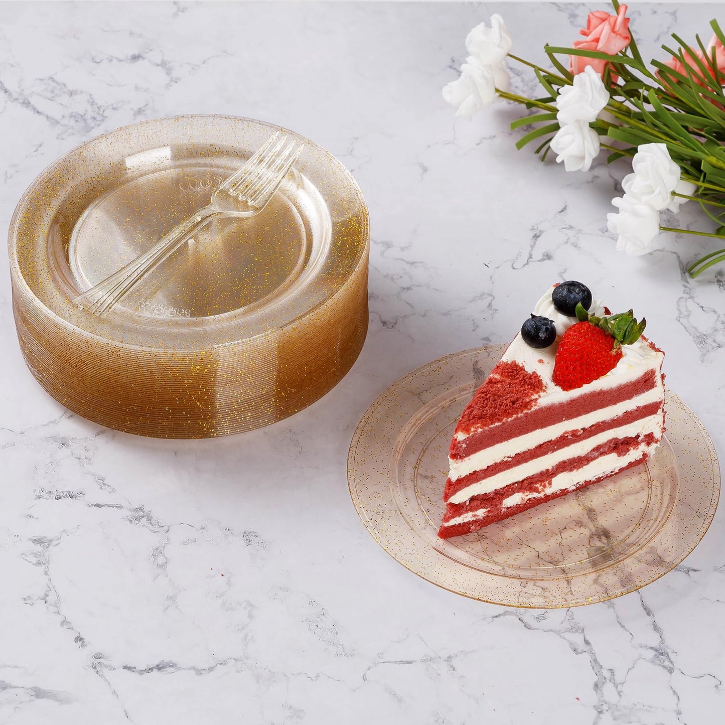 Goodluck Disposable Gold Glitter Plastic Dessert Plates with Forks for Thanksgiving, Birthday and Christmas