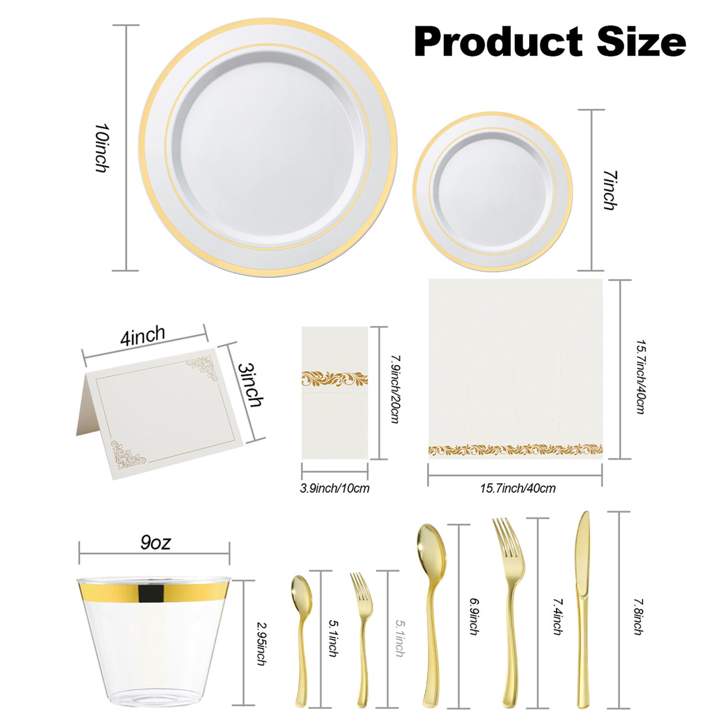 Goodluck Disposable Elegant Gold Plastic Dinnerware Set for Weddings, Parties, Graduation, Includes: Plates, Place Cards, Cups, Spoons, Forks, Knives, Napkins