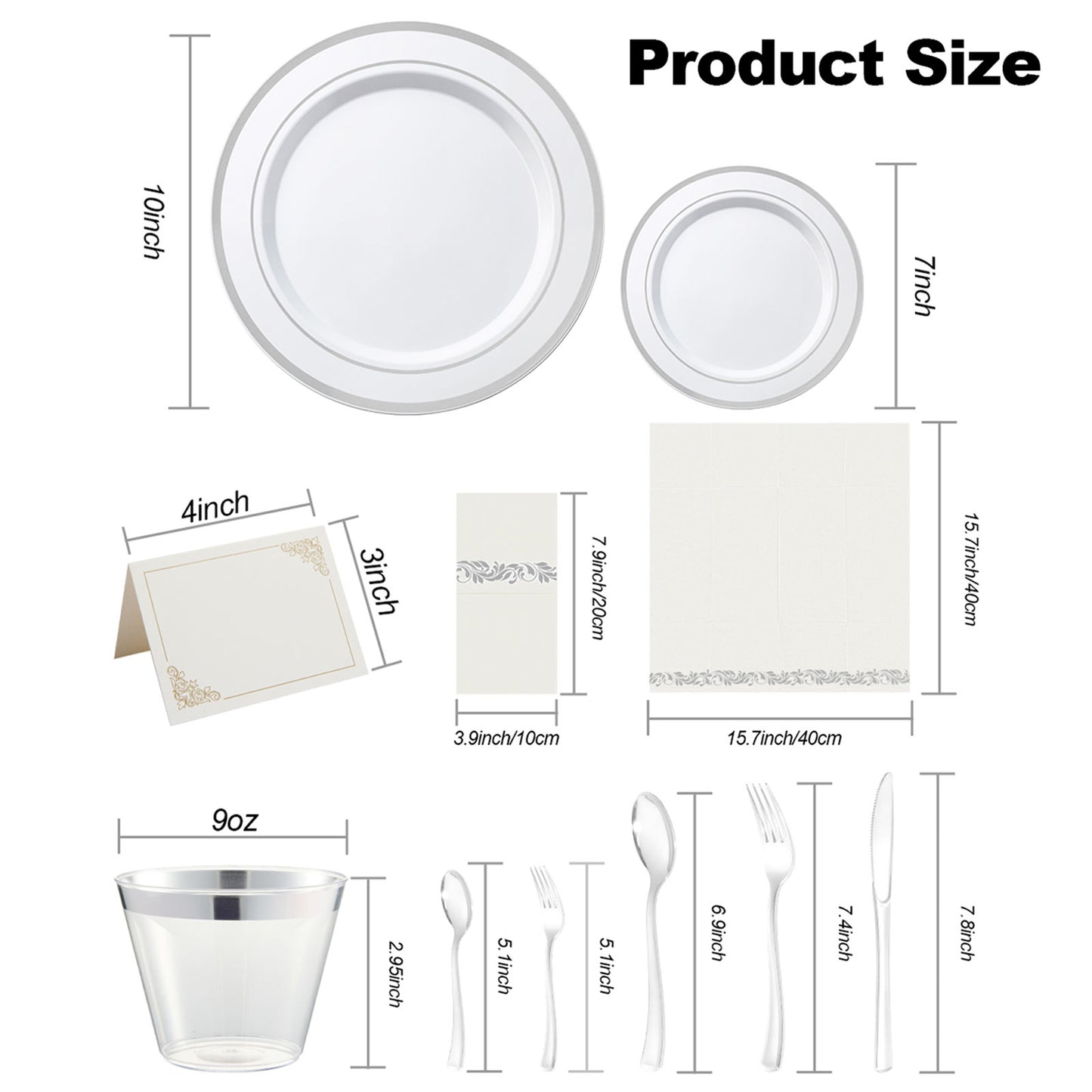 Goodluck Disposable Elegant Silver Plastic Dinnerware Set for Weddings, Parties, Graduation, Includes: Plates, Place Cards, Cups, Spoons, Forks, Knives, Napkins