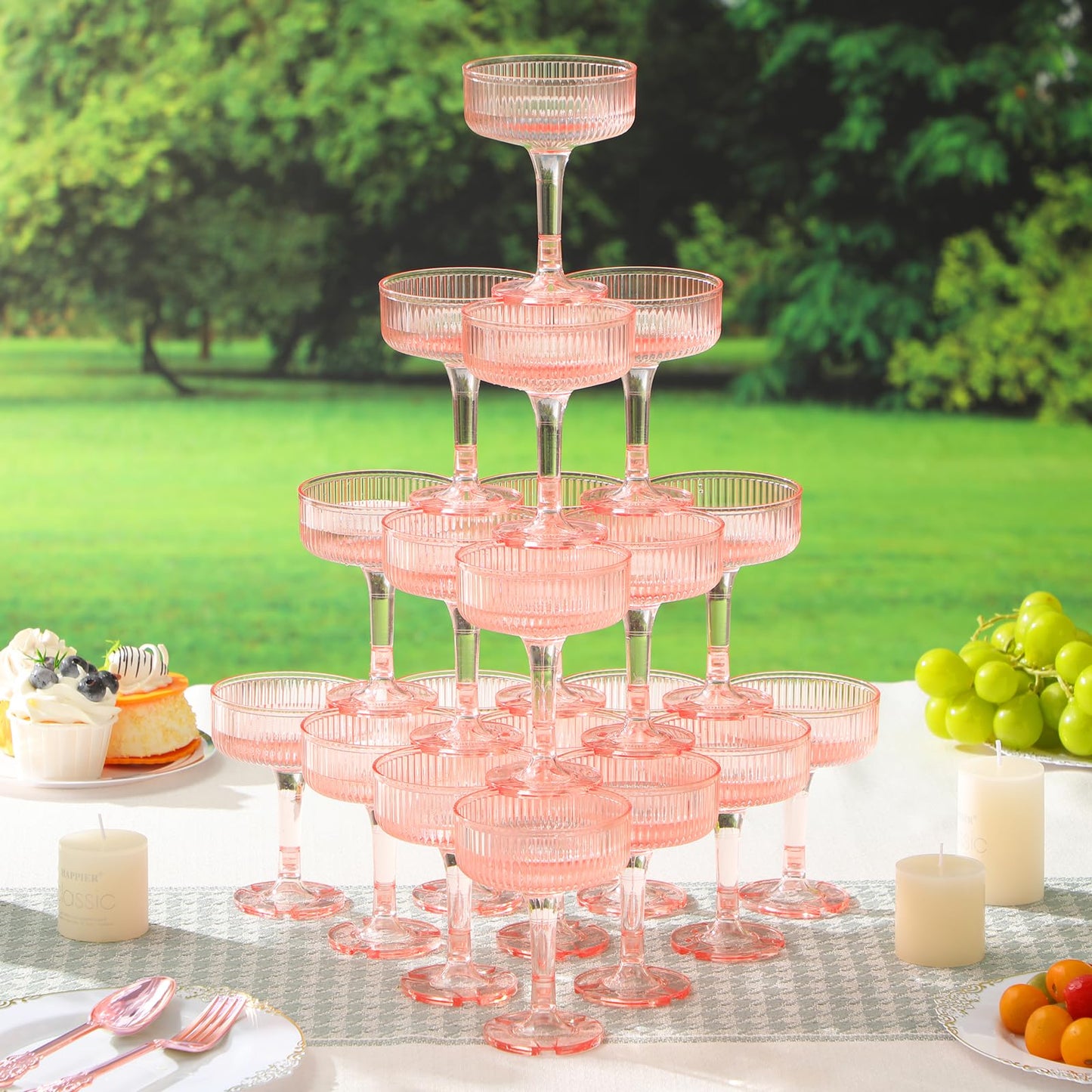 Goodluck 4-Tier Champagne Tower - 20 PCS 7oz Pink Plastic Champagne Flutes, Butterfly Shape with Vertical Stripes for Weddings, Celebrations, Parties & Birthdays