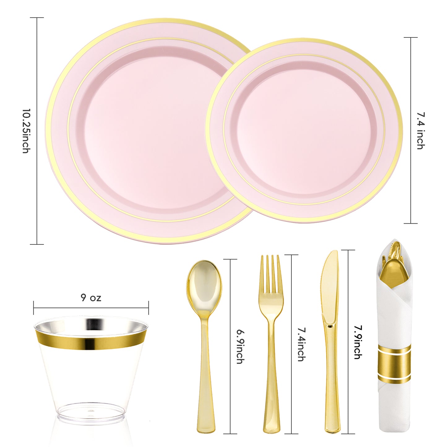 Goodluck Disposable Pink with Gold Rims Plastic Dinnerware Set for Wedding, Christmas
