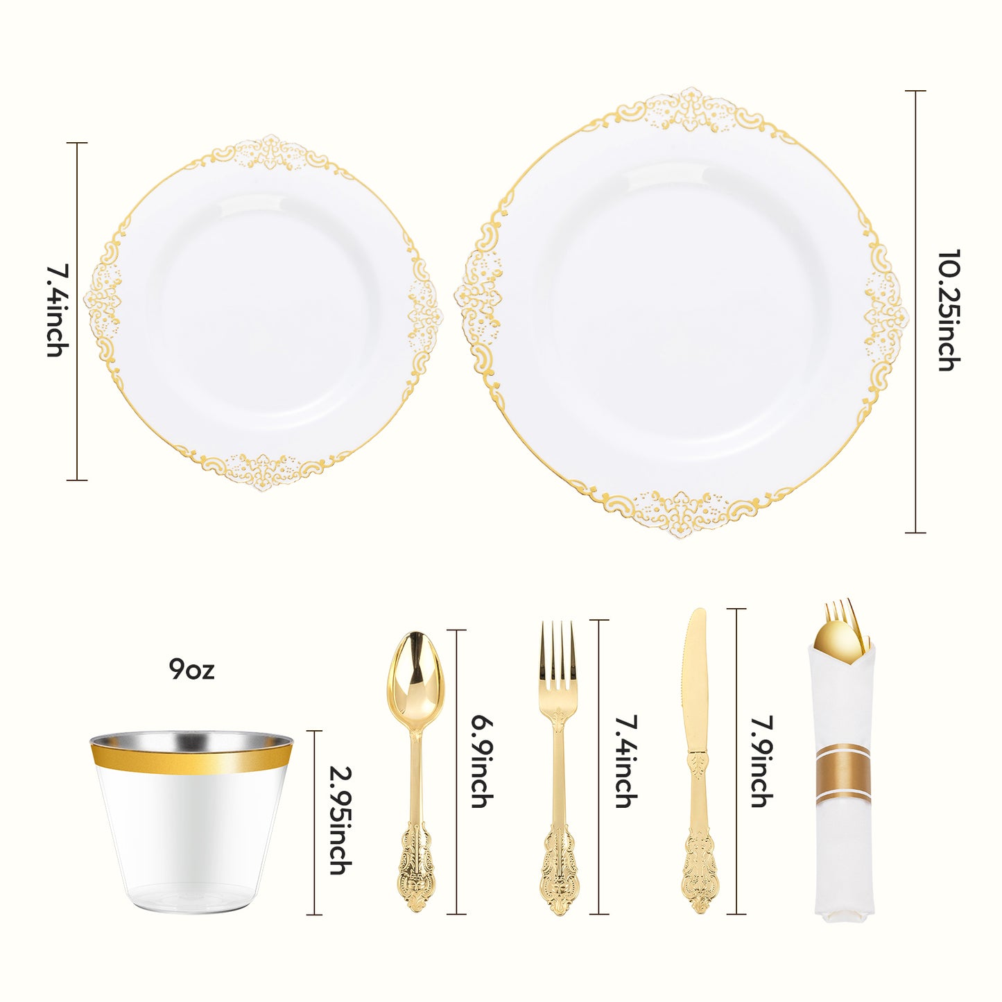 Goodluck Disposable Retro White with Gold Rim Plastic Dinnerware