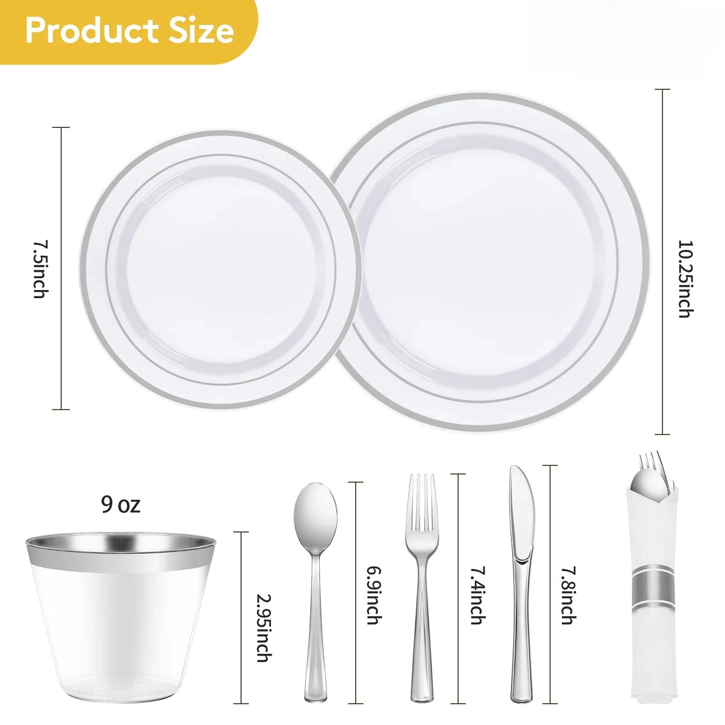 Goodluck White with Double Silver Rim Pre-Rolled Napkins Plastic Dinnerware Set