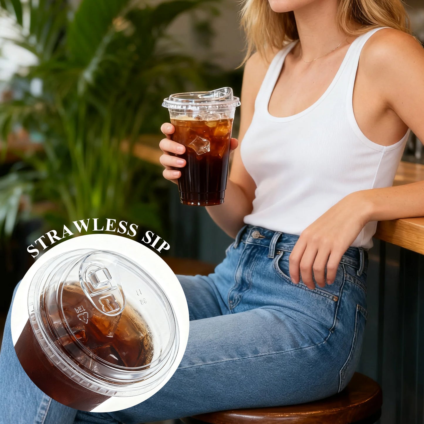 100 Pack Disposable Plastic Cups With Strawless Sip Lids, Iced Coffee Cups (include straw) for Smoothies, Party Drinks, Bubble Tea, Cold Beverage