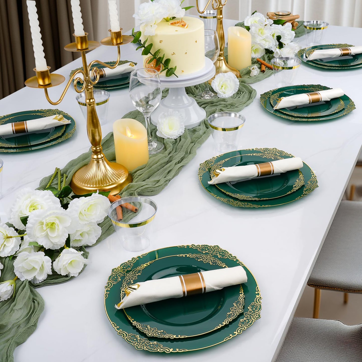 Goodluck 350 PCS Disposable Retro Green with Gold Rim Plastic Dinnerware Set