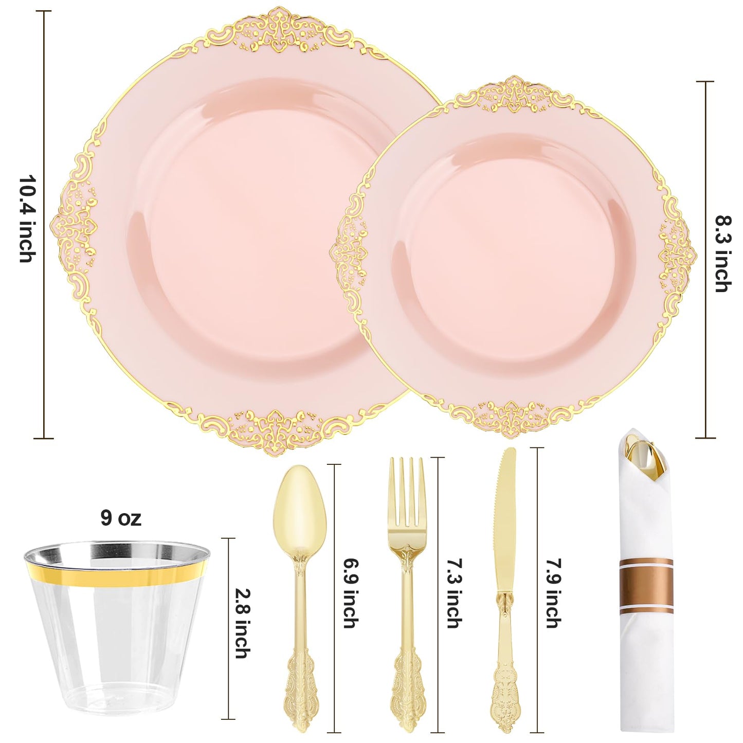 Goodluck Disposable Pink and Gold Plastic Dinnerware Set for 50 Guests