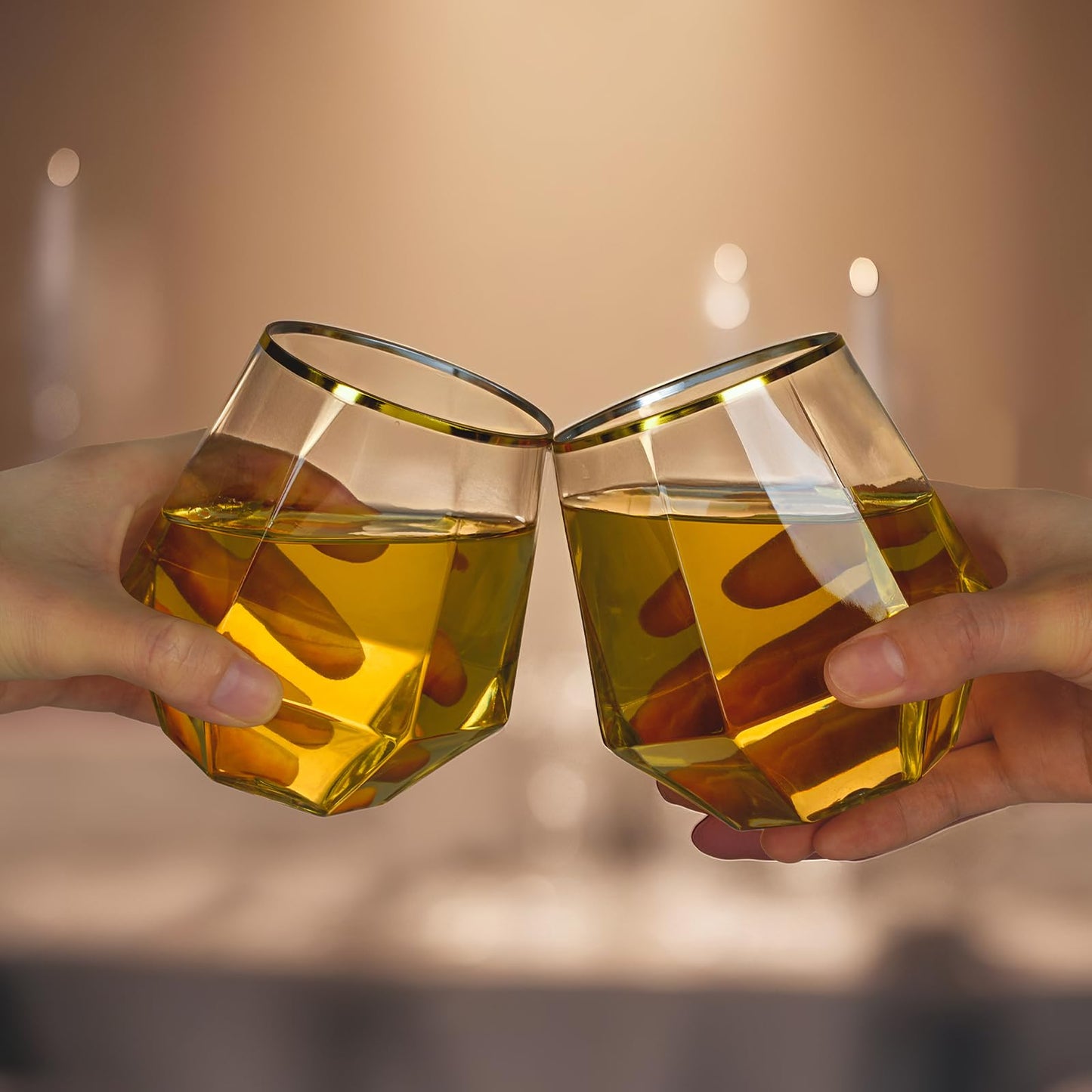 Goodluck 40 Pack 12 Oz Diamond Stemless Plastic Wine with Gold Rim Glasses for Whiskey or Cocktail