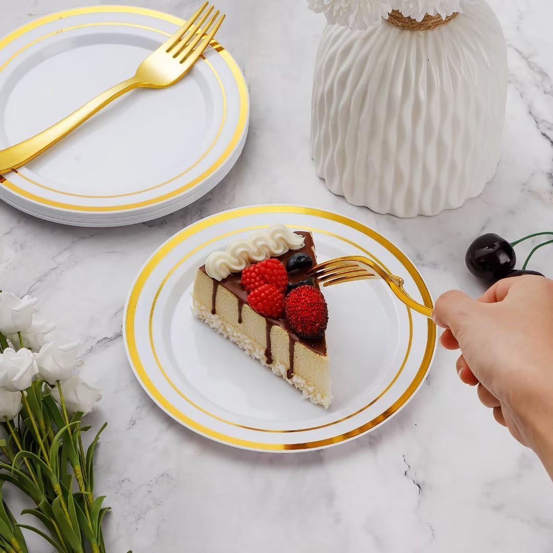 Goodluck Disposable Dessert Plates Gold with Plastic Forks for Party