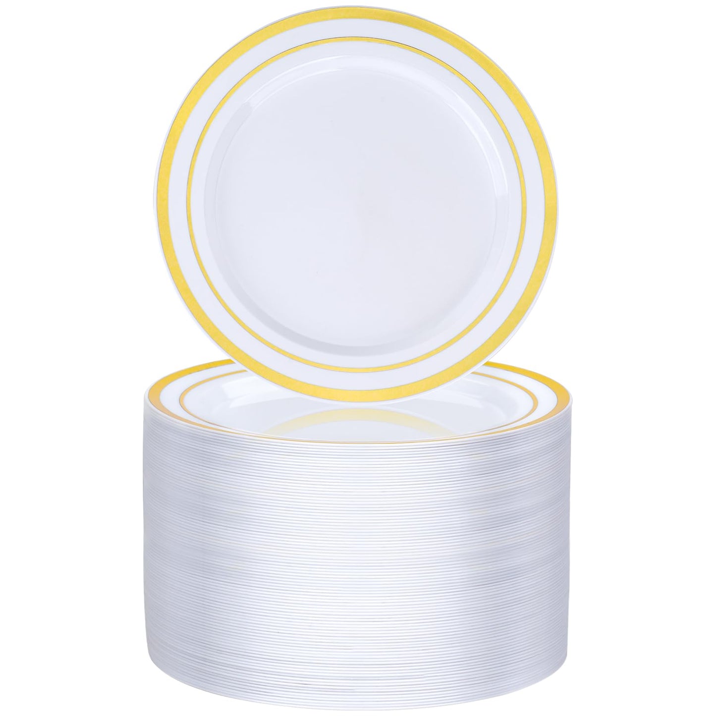 Goodluck 100-Piece Disposable 7 Inch White with Double Gold Rim Plastic Plate