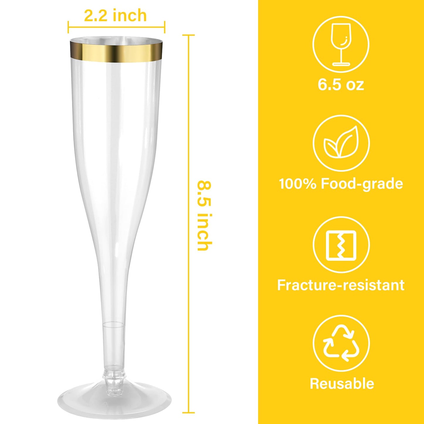 6.5 oz Disposable Gold Rim Plastic Champagne Flutes for Wedding, Engagement, Party, Mimosa Bar