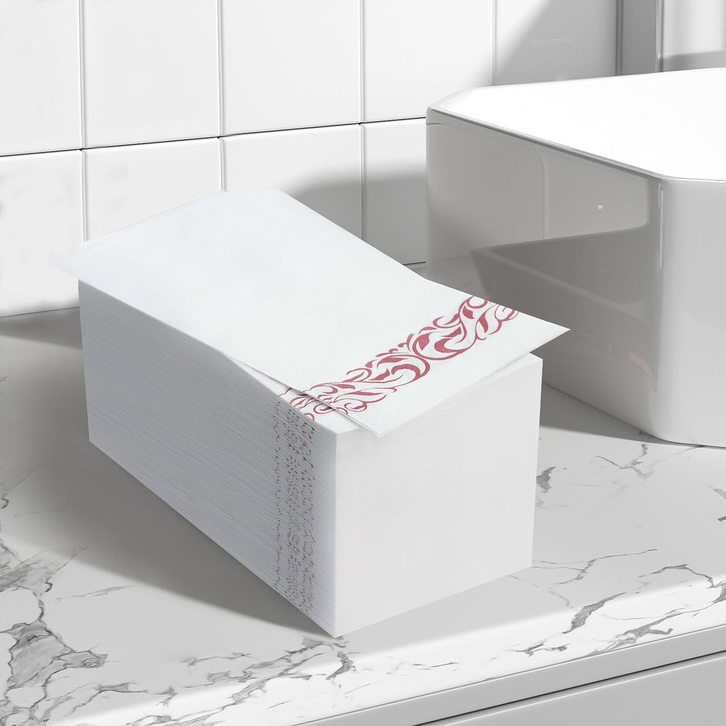 Goodluck 200 Pack 3-Ply Disposable Dinner Napkins with Rose Gold Trim Perfect for Kitchen, Dinner, Party, Wedding, or Event