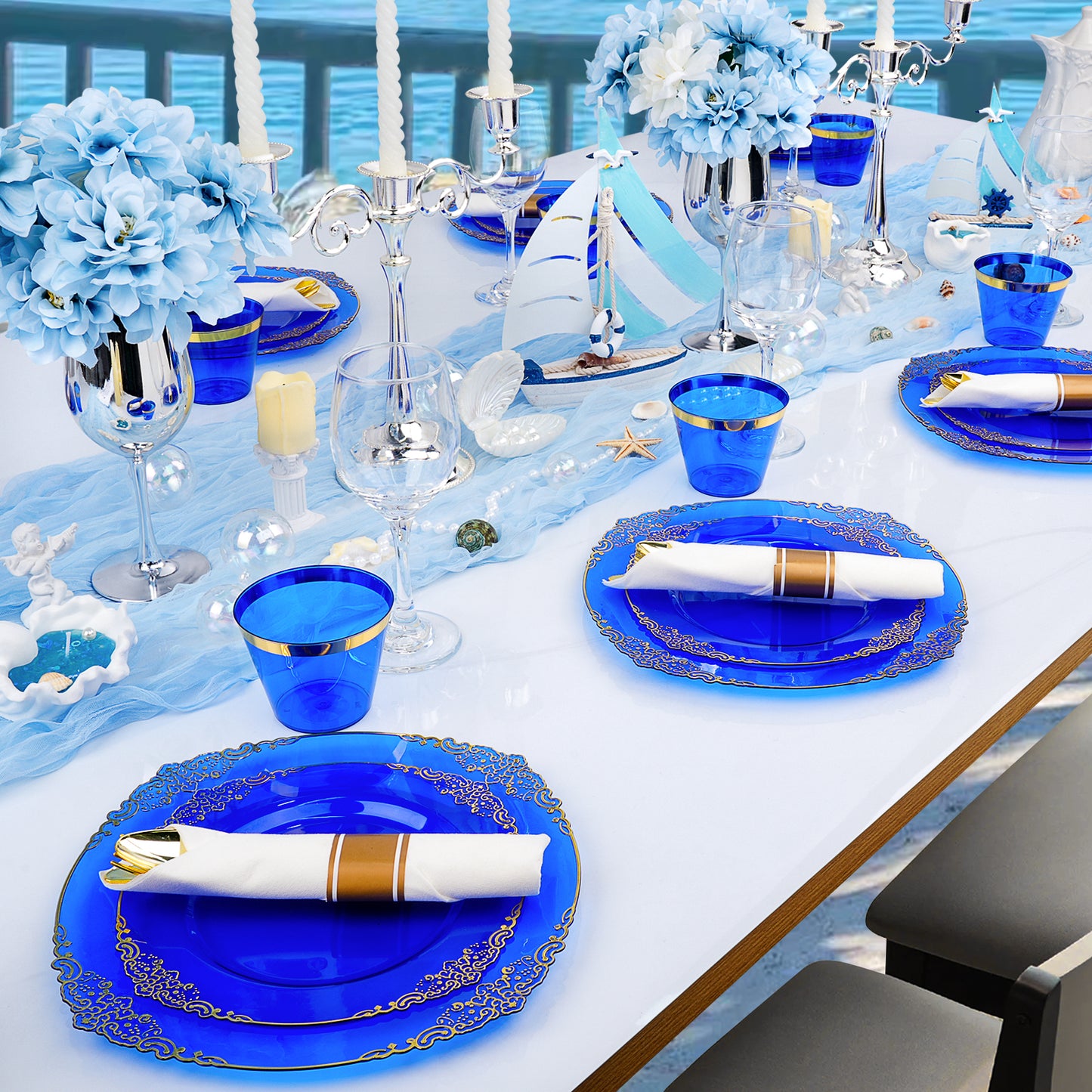 Goodluck Disposable Clear Blue with Gold Rim Plastic Dinnerware Sets