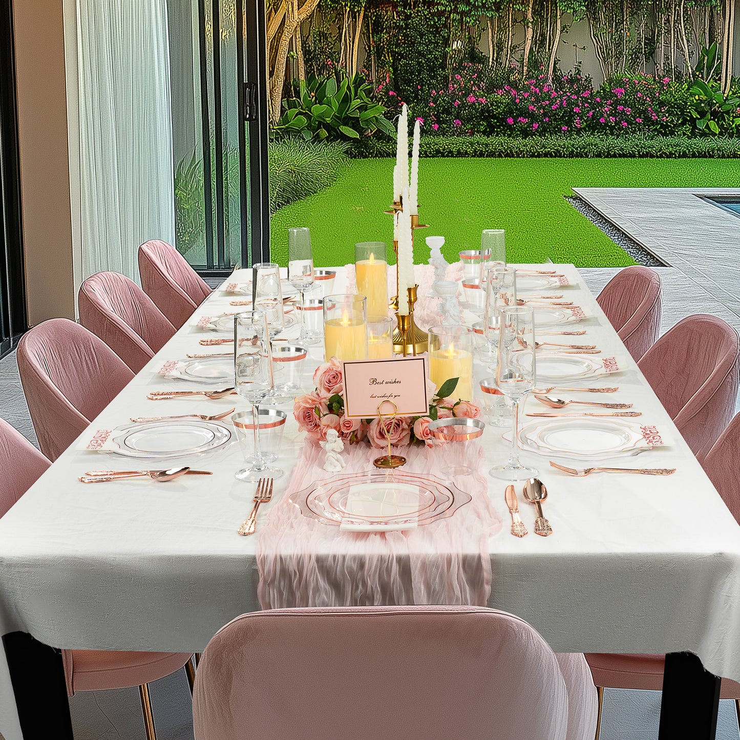 Goodluck 350 PCS Disposable Scallop Clear and Rose Gold Plastic Dinnerware Set for 50 Guests