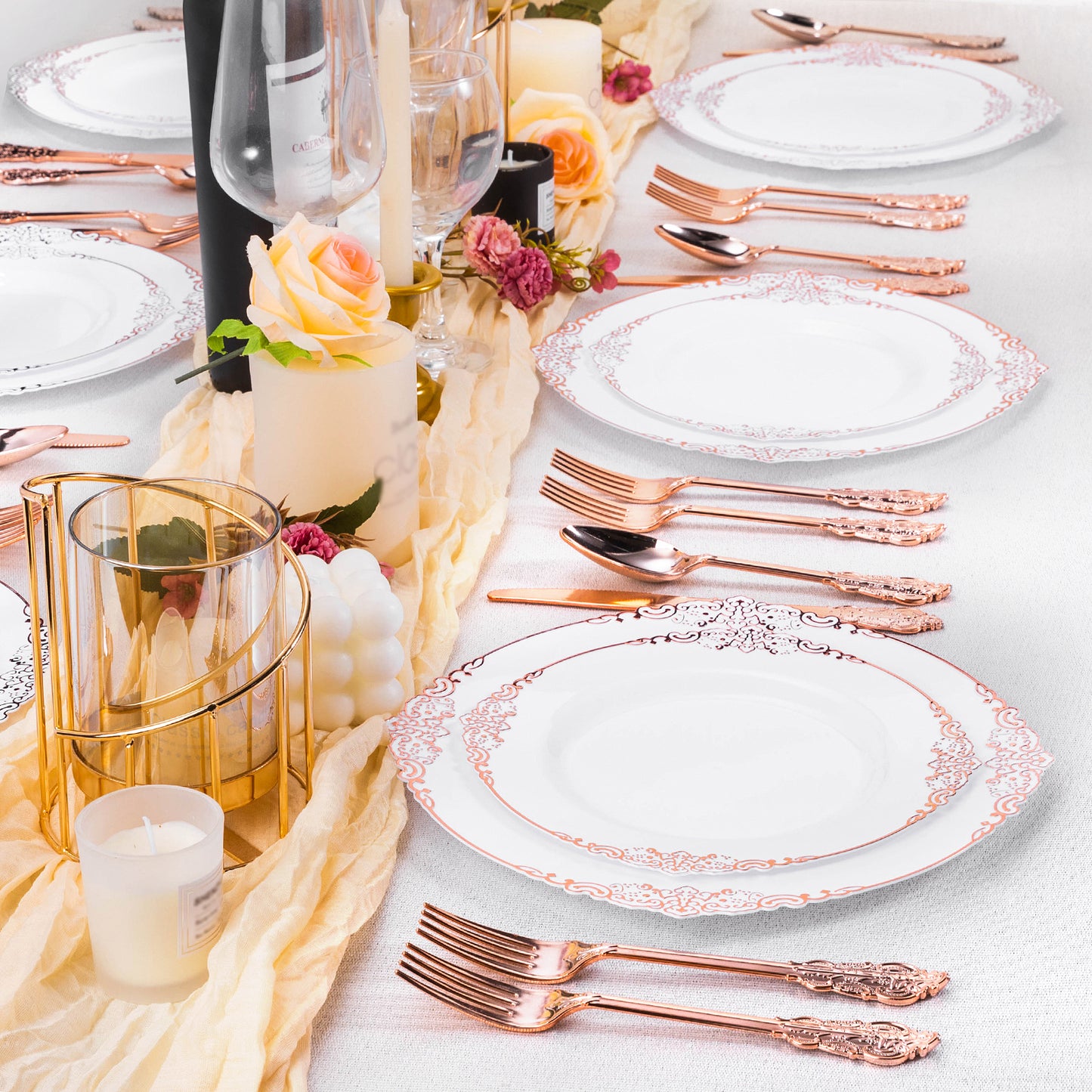 Goodluck Disposable White with Rose Gold Plastic Plates for Party, Wedding, Baby Shower, and Everyday Use