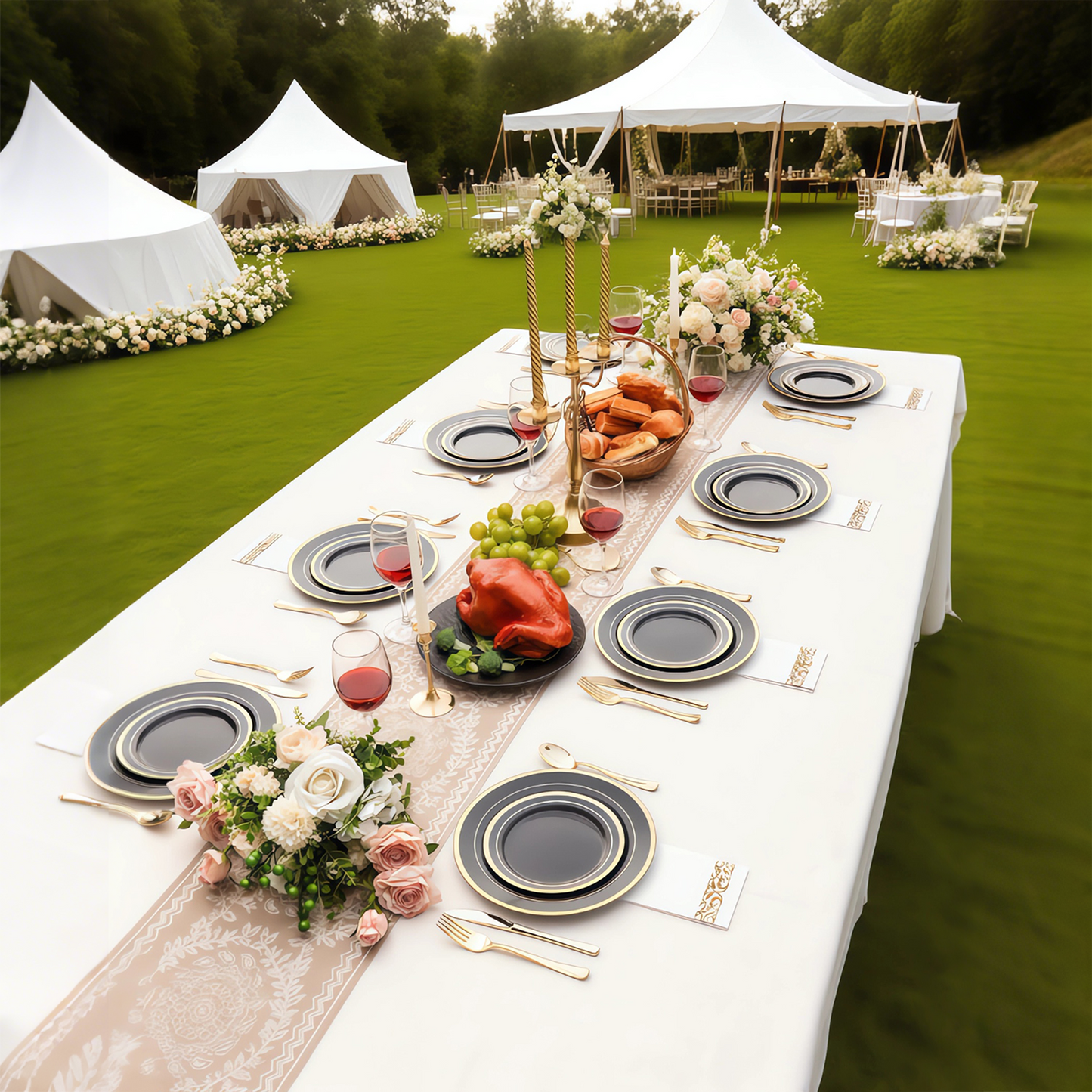 Goodluck Premium Disposable Black with Gold Rim Plastic Plates Set for Party, Wedding, Holiday, and Halloween