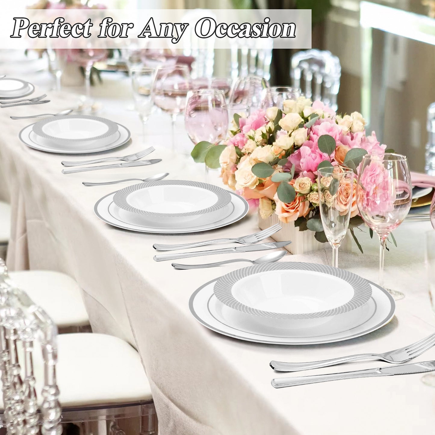 Goodluck 12oz Disposable Heavy Duty Plastic Bowls with Silver Rim for Parties, Weddings, and Everyday Use