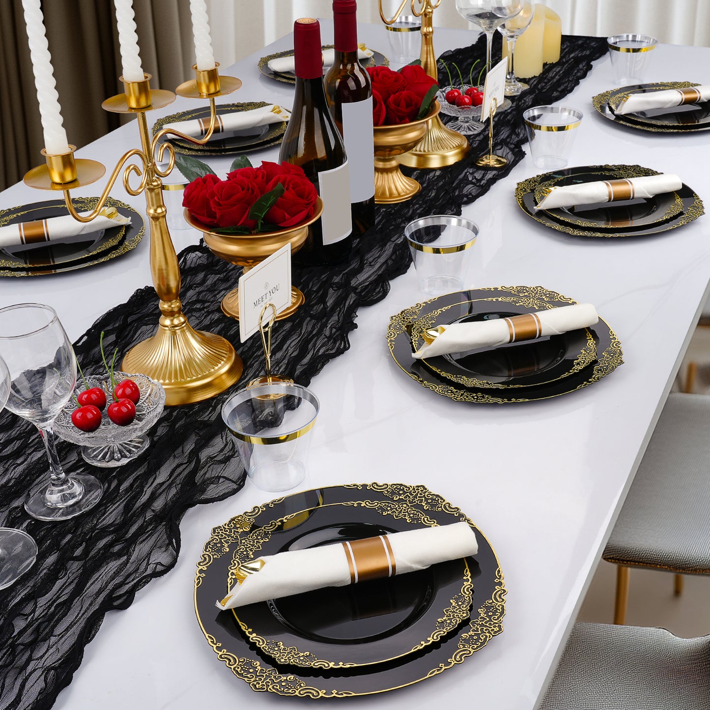 Goodluck 350 PCS Disposable Black and Gold Plastic Dinnerware Set for Party, Wedding, Graduation