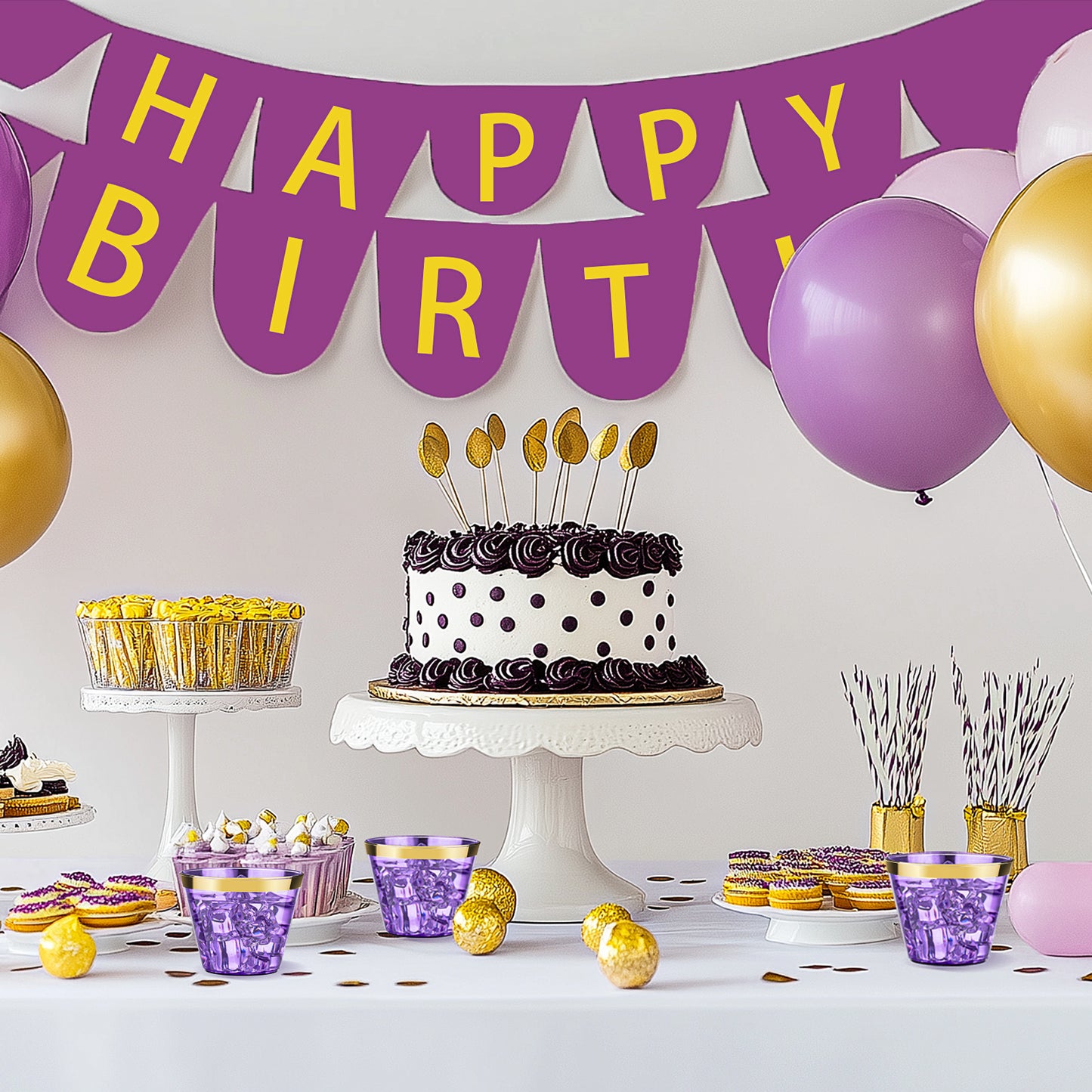 Goodluck 100 Pack 9 oz Disposable Purple with Gold Rim Plastic Cups for Party & Graduation & Wedding