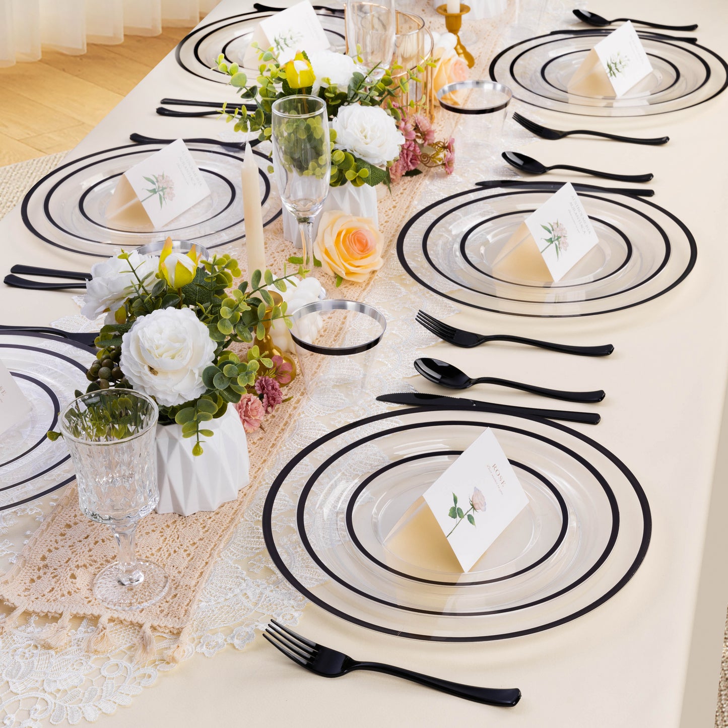 Goodluck 12 Inch Disposable Clear with Black Rim Plastic Charger Plates