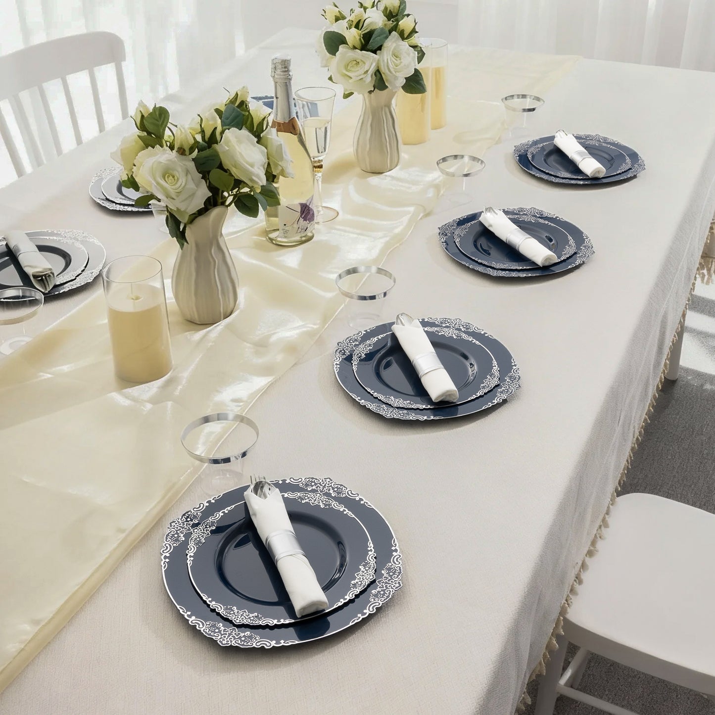 Goodluck Disposable Navy Blue Pre-Rolled Napkins Plastic Dinnerware Sets for Party, Wedding and Graduation