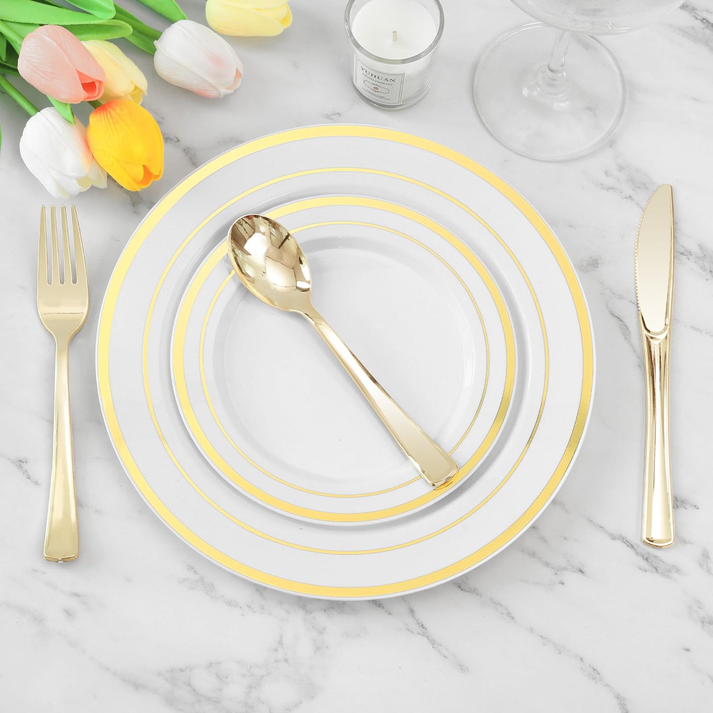 Goodluck 6.9 Inch Disposable Heavy Duty Gold Plastic Spoons for Catering, Parties, Dinners, Weddings