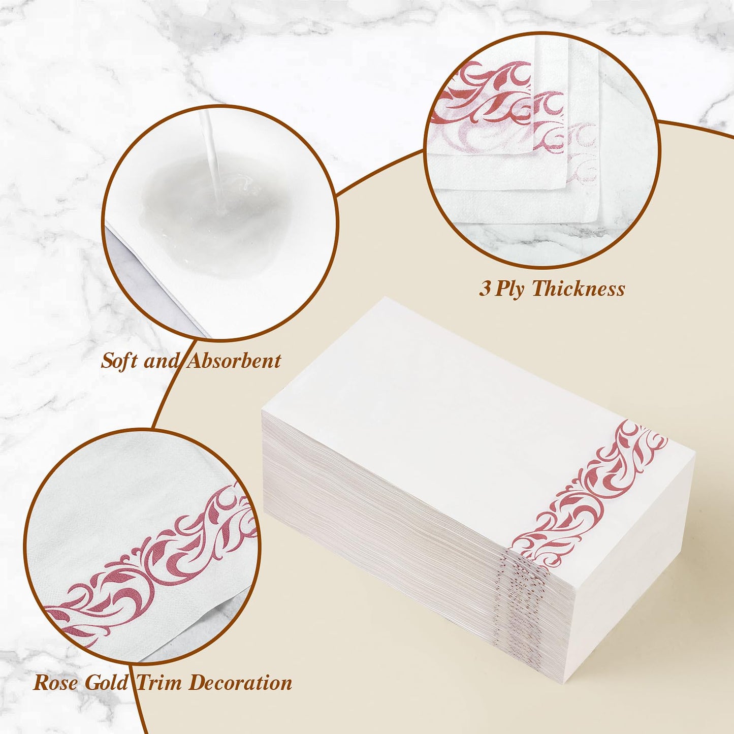 Goodluck 200 Pack 3-Ply Disposable Dinner Napkins with Rose Gold Trim Perfect for Kitchen, Dinner, Party, Wedding, or Event