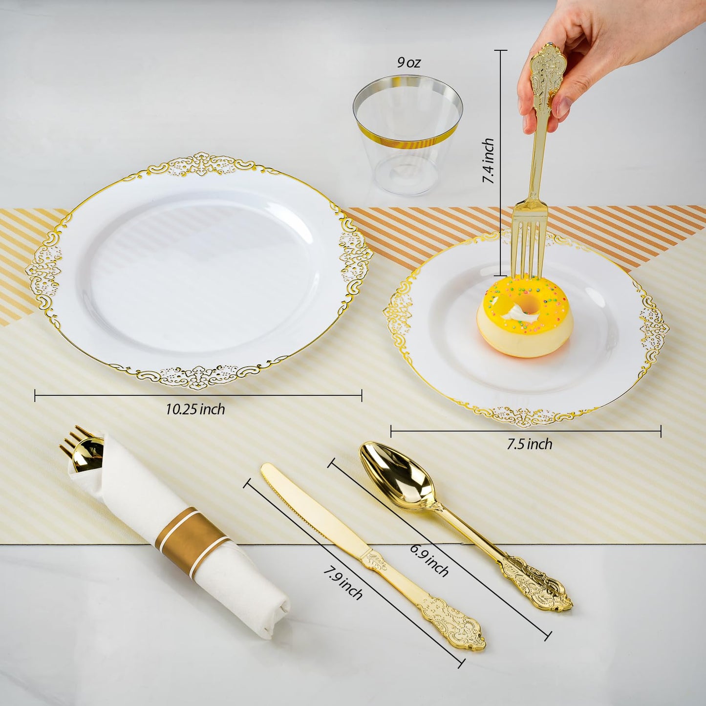 Goodluck 350PCS Disposable Retro White with Gold Rim Plastic Dinnerware for 50 Guests