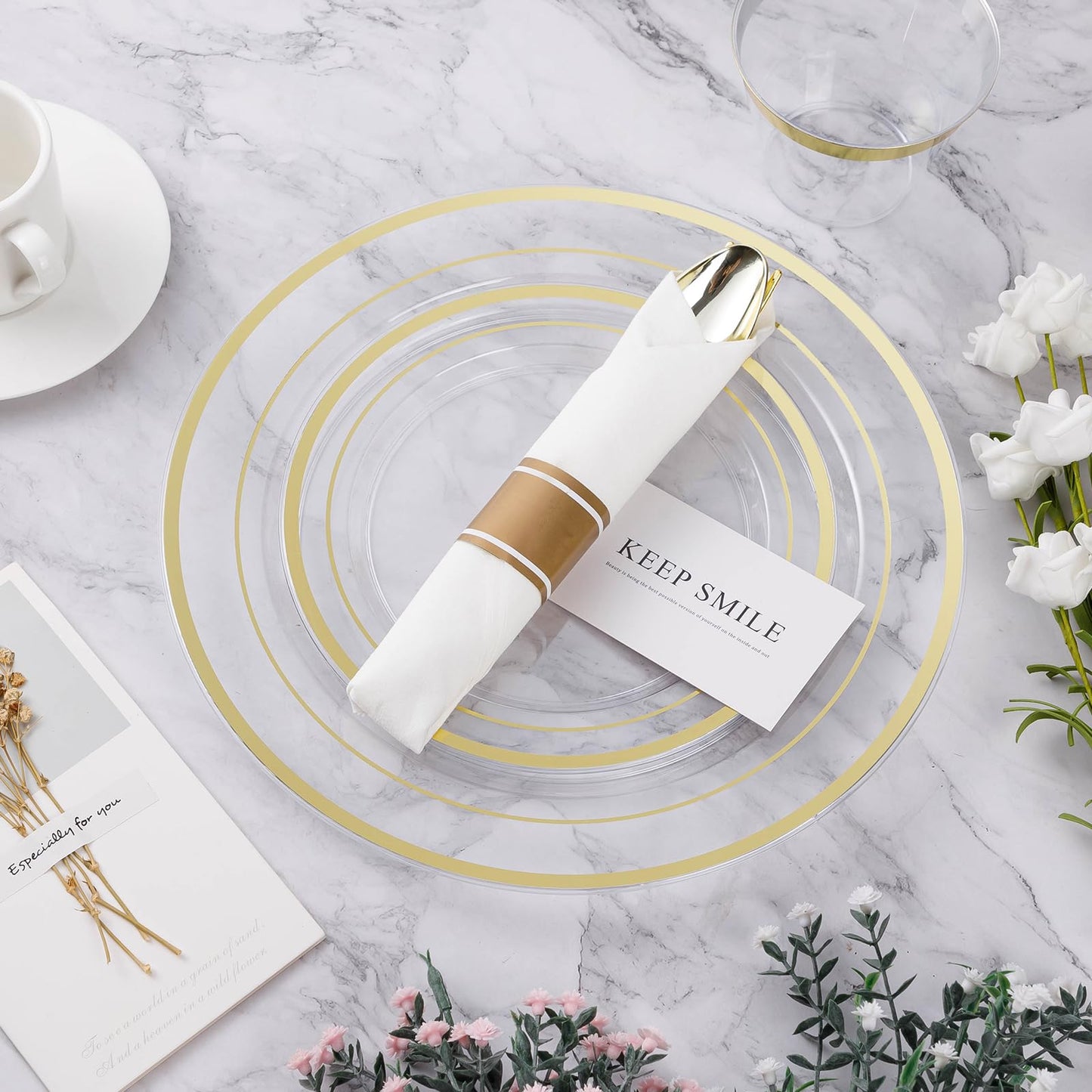 Goodluck Disposable Clear Gold Plastic Dinnerware Set