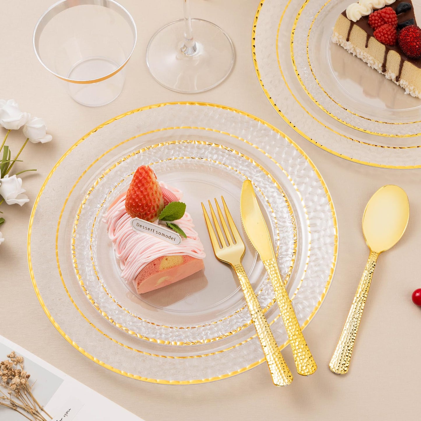 Goodluck 350PCS Disposable Clear Plastic Plates with Gold Trim Dinnerware Set for 50 Guests