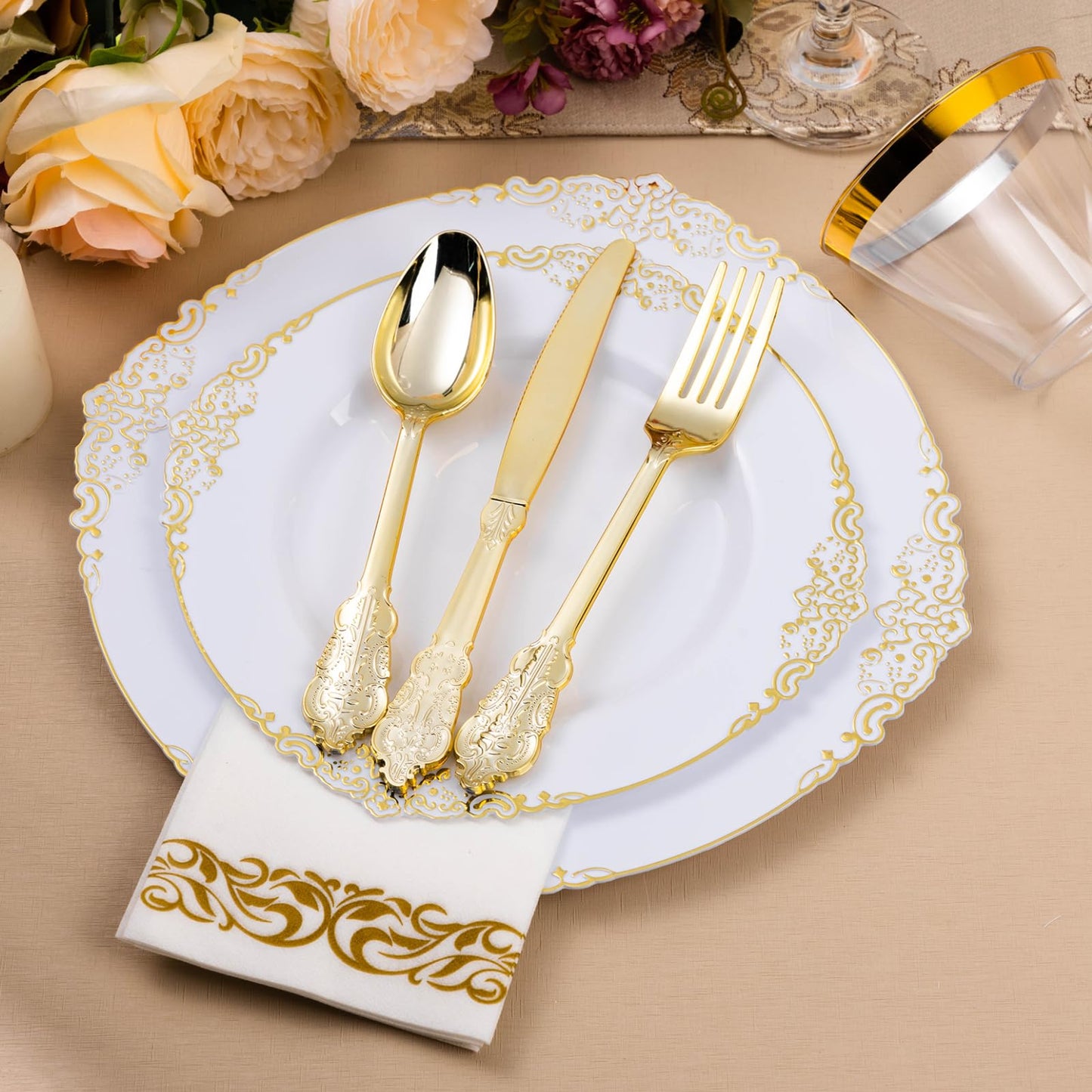 Goodluck 350PCS Disposable White with Gold Rim Plastic Dinnerware Set for 50 Guests