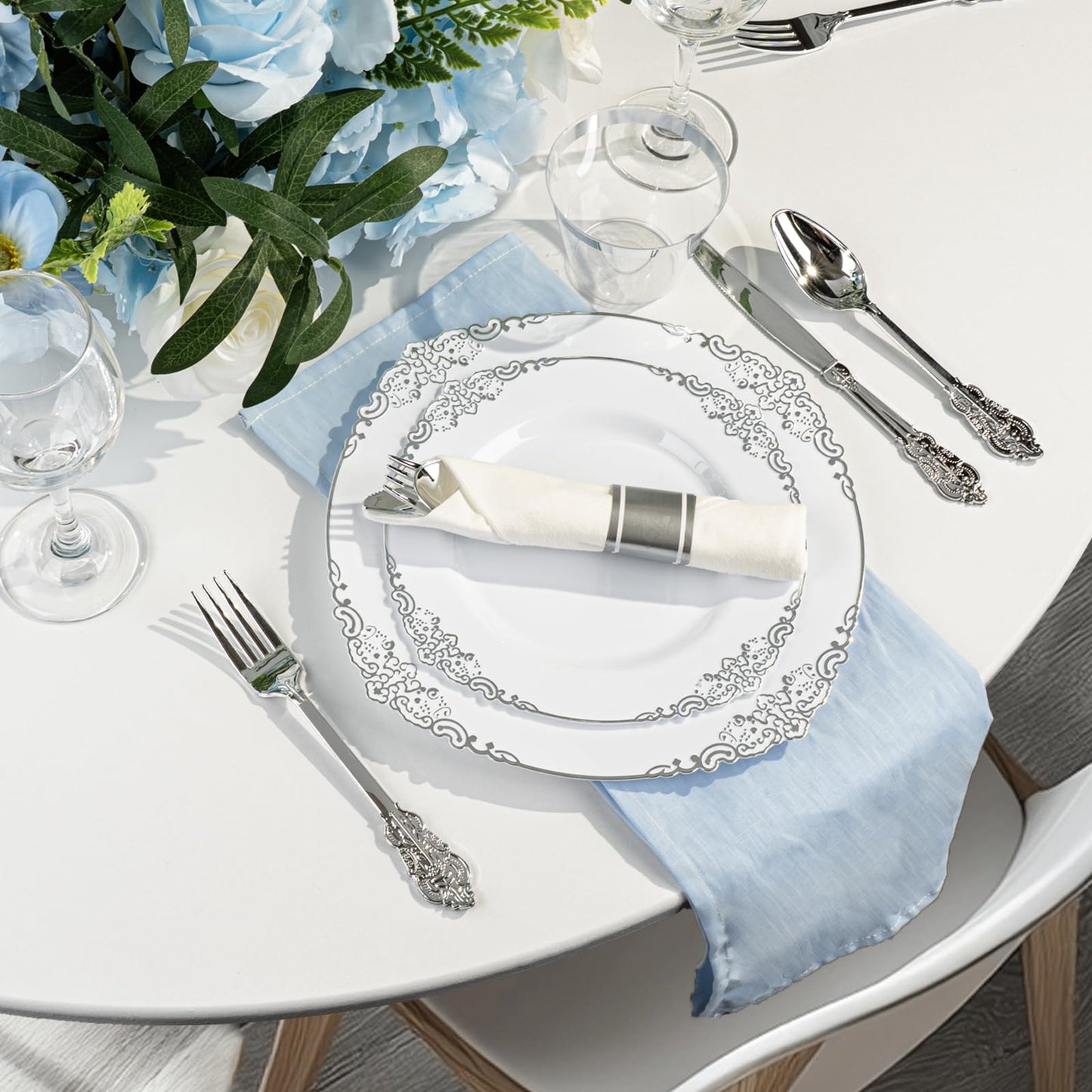 Goodluck 350PCS Disposable Silver Plastic Dinnerware Sets for 50 Guests