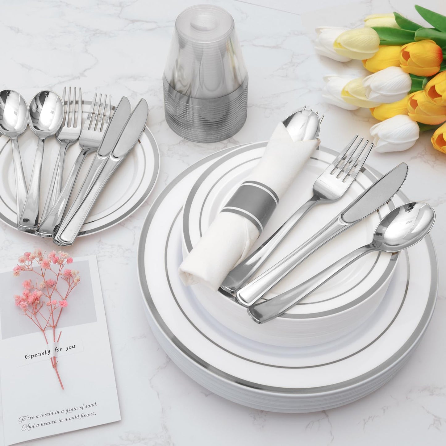 Goodluck White with Double Silver Rim Pre-Rolled Napkins Plastic Dinnerware Set