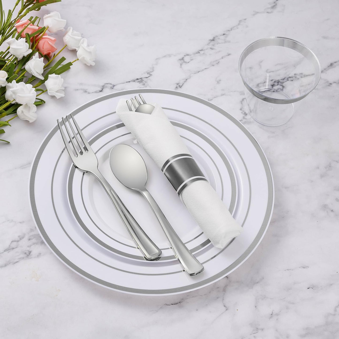 Goodluck White with Double Silver Rim Pre-Rolled Napkins Plastic Dinnerware Set