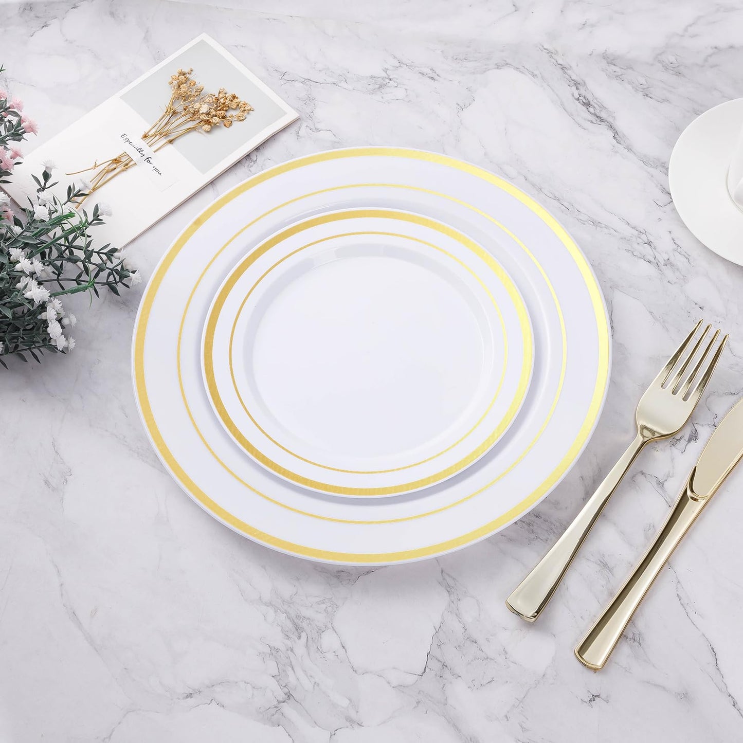 Goodluck 100-Piece Disposable 7 Inch White with Double Gold Rim Plastic Plate