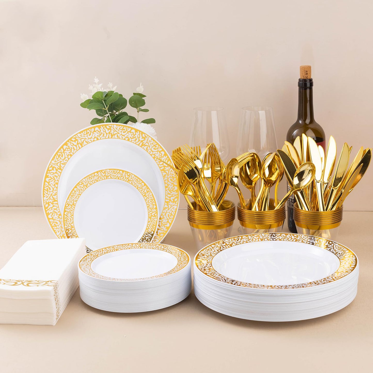 Goodluck 700PCS Disposable Gold Plastic Dinnerware Set for 100 Guests