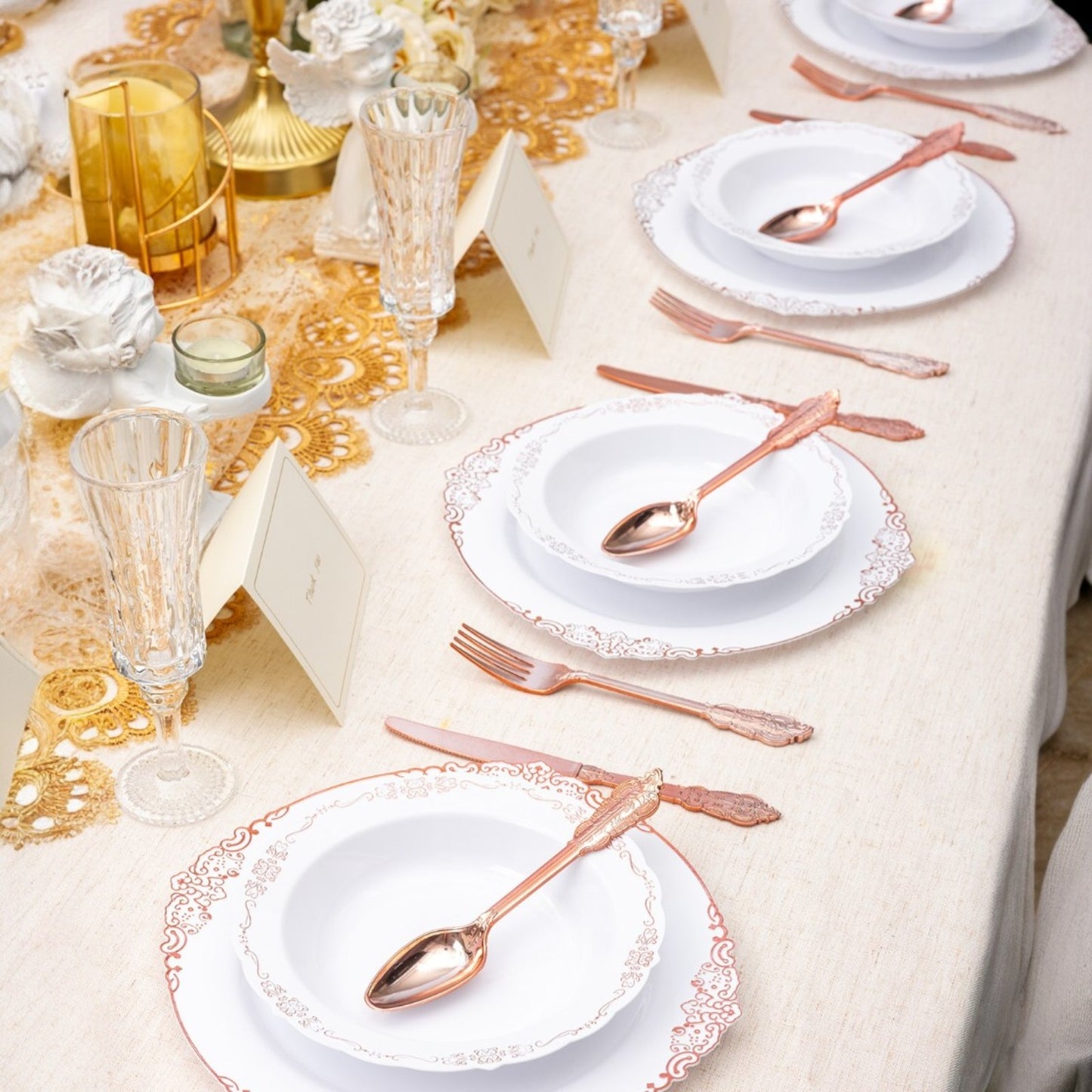 Goodluck 12oz Disposable Heavy Duty White Plastic Bowls with Rose Gold Rim Plastic Bowl for Hot Soup, Dessert, Salad, Cake, Ice Cream, Fruit