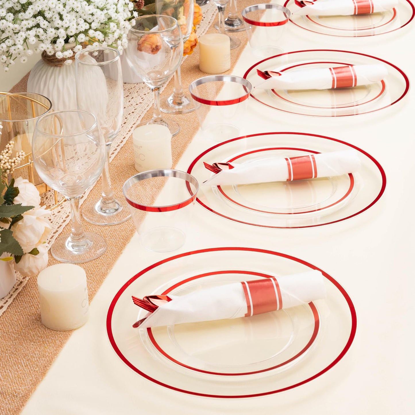 Goodluck Disposable Clear with Red Rim Plastic Dinnerware Set