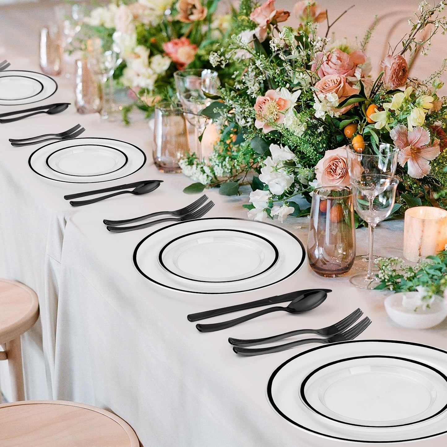 Goodluck Disposable Clear with Black Rim Plastic Plates Set for Parties