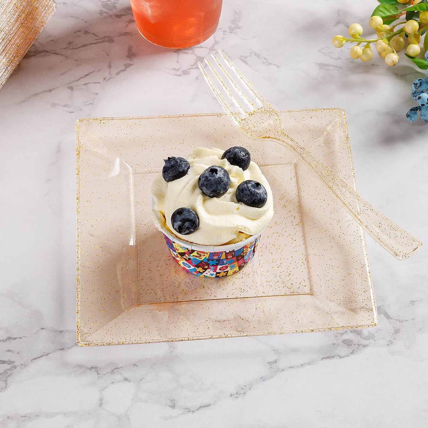 Goodluck 240PCS Square Gold Glitter Dessert Plates with Forks for 120 Guests