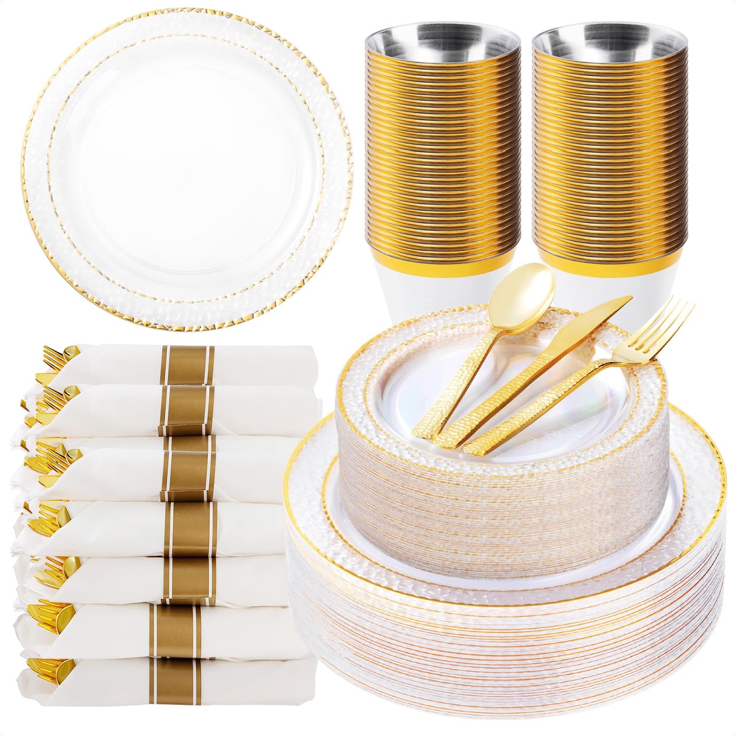 Goodluck 350PCS Disposable Clear Plastic Plates with Gold Trim Dinnerware Set for 50 Guests