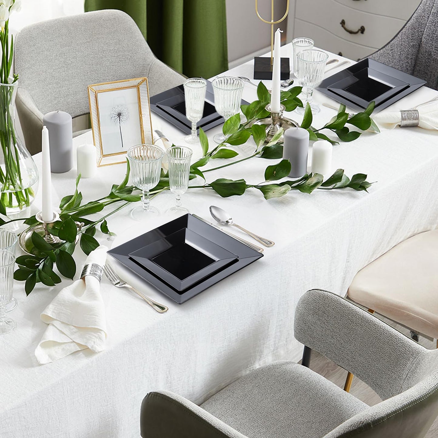 Goodluck Plastic Plates Disposable Heavy Duty Black for Halloween, Holiday Party, Birthday,