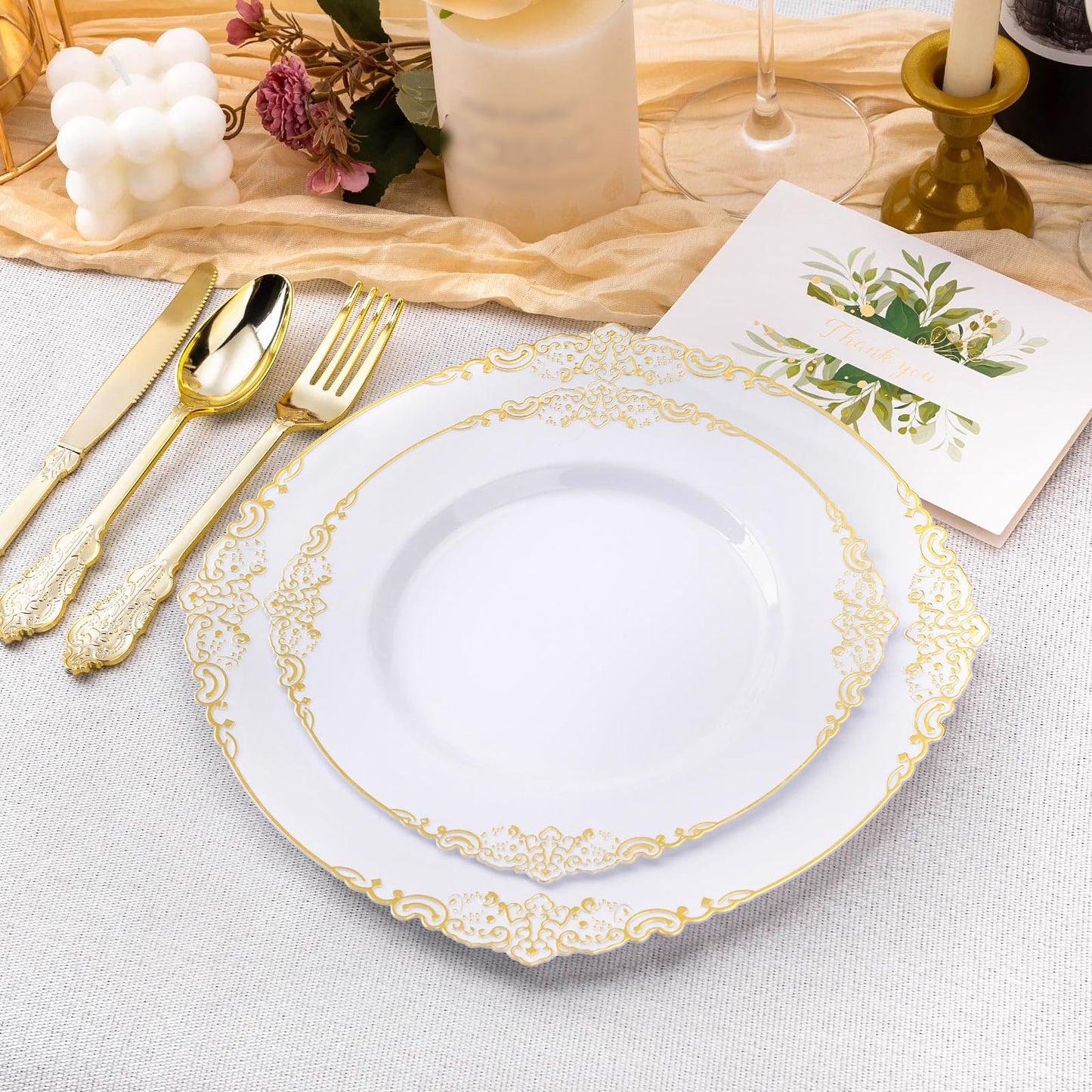 Goodluck Disposable White and Gold Plastic Plates for Party, Wedding and Graduation