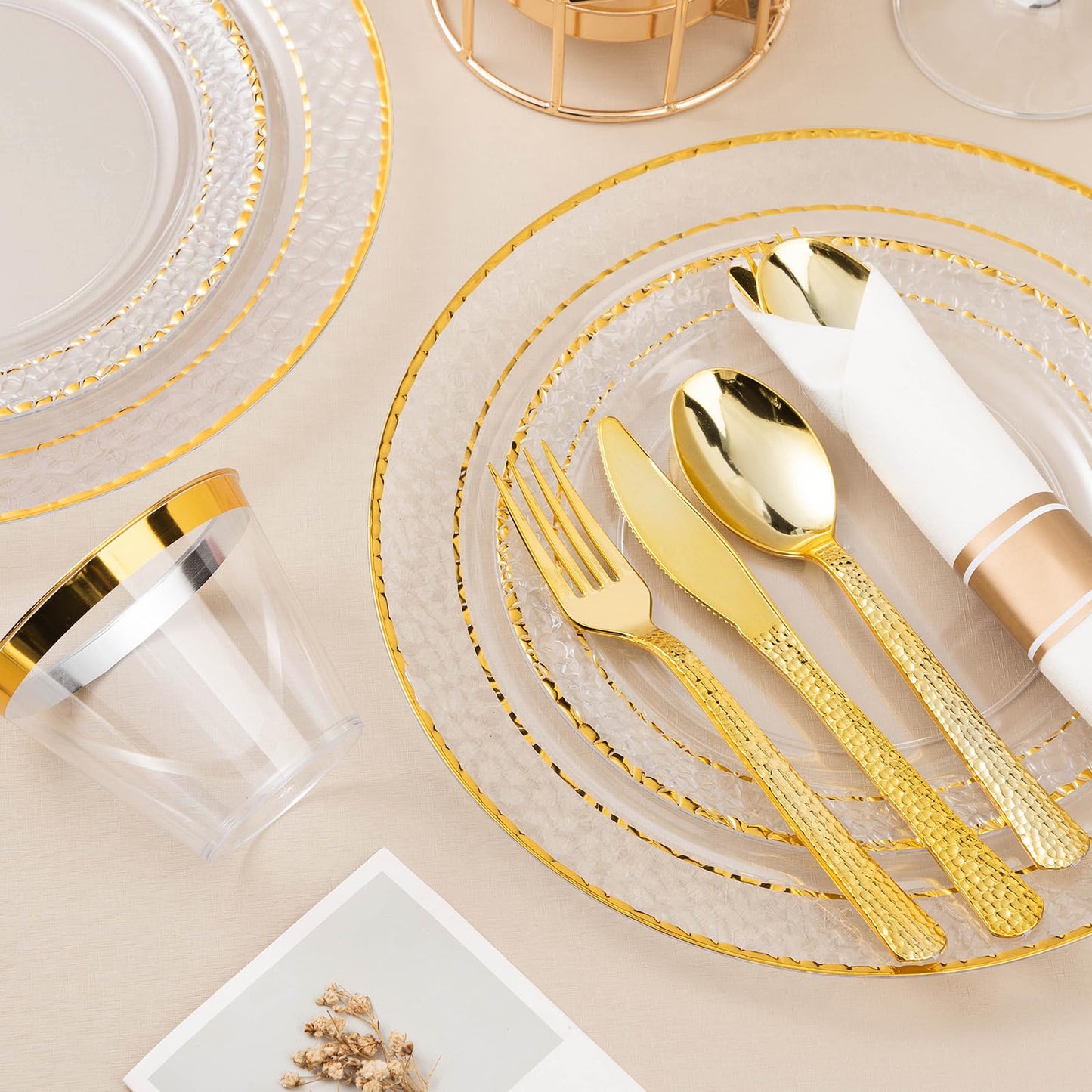 Goodluck 350PCS Disposable Clear Plastic Plates with Gold Trim Dinnerware Set for 50 Guests