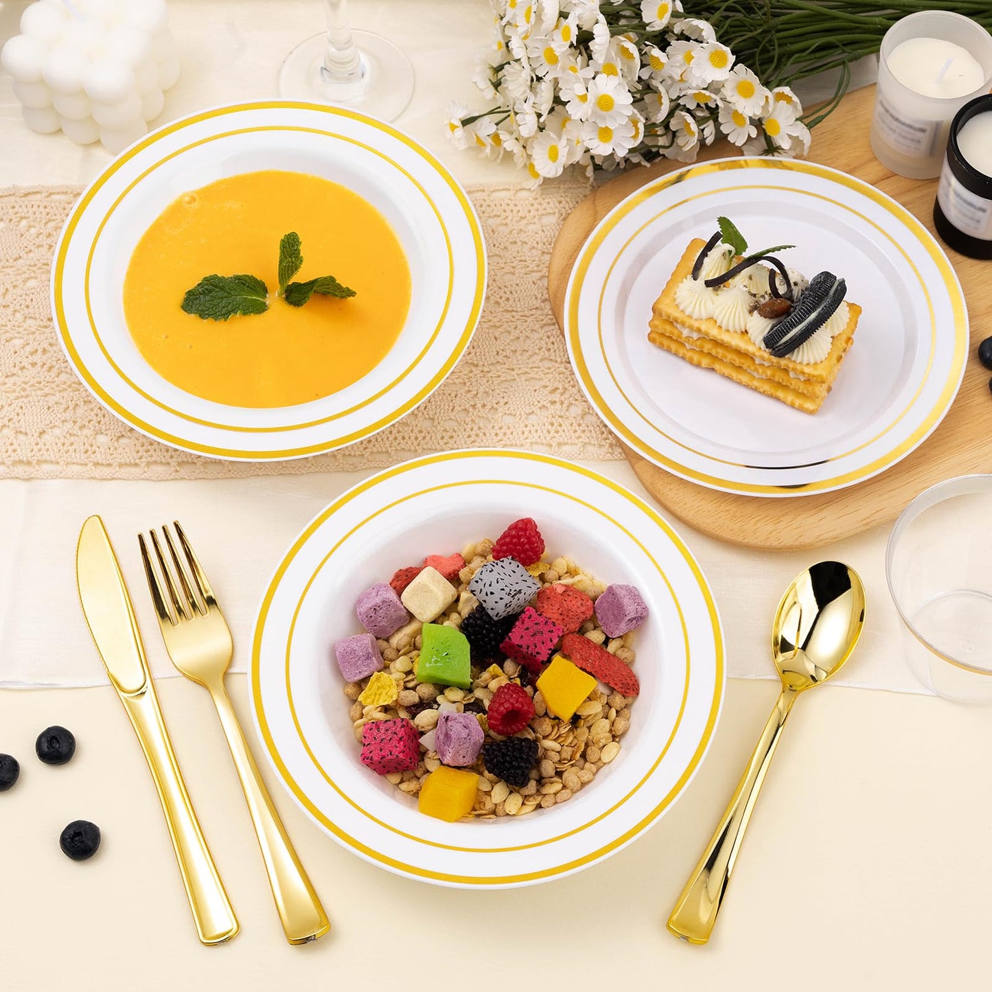 Goodluck 12-Ounce Disposable Bowls with Gold Rims for Parties