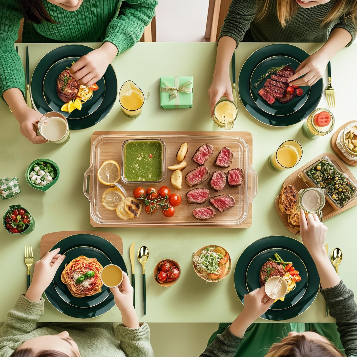 Goodluck Disposable Green and Gold Plastic Dinnerware Set