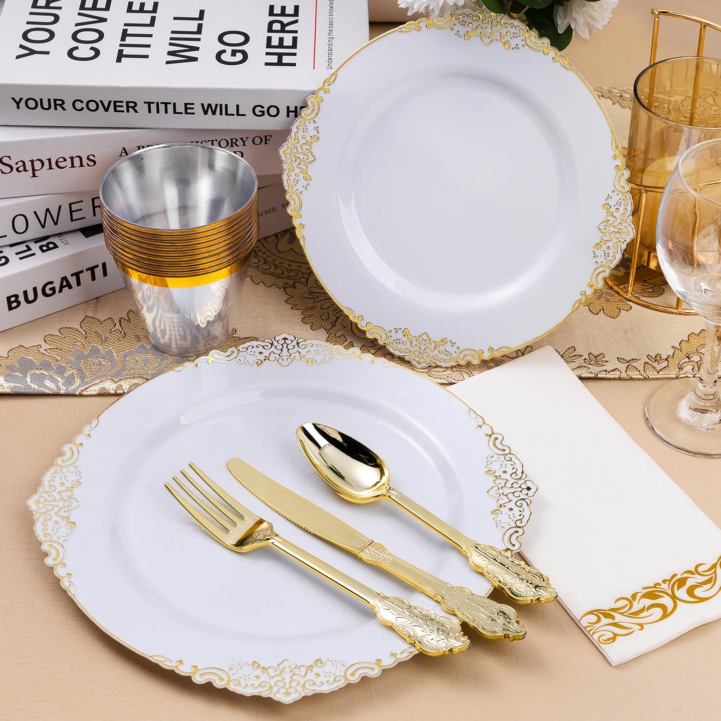 Goodluck 350PCS Disposable White with Gold Rim Plastic Dinnerware Set for 50 Guests