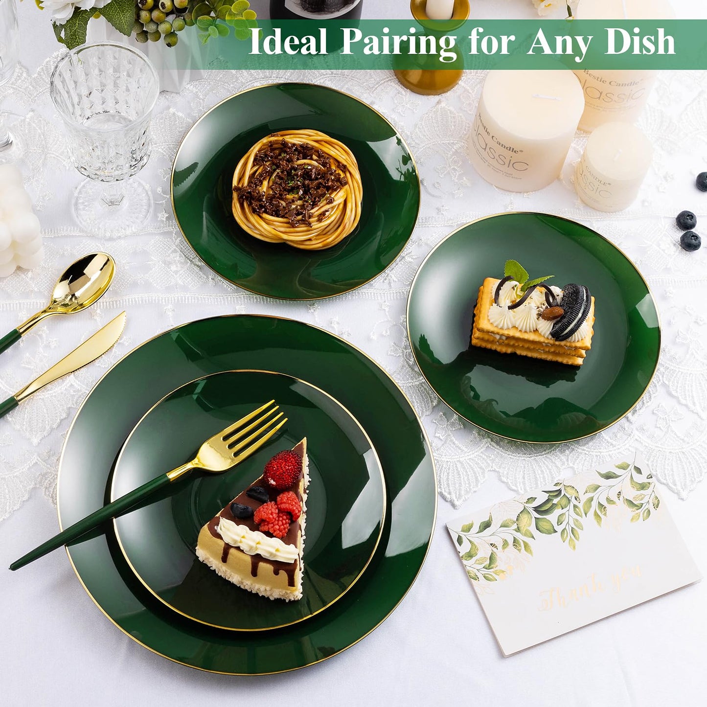 Goodluck Green with Gold Rim Disposable Plastic Plates for Party, Wedding